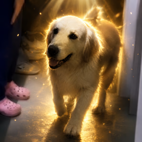 Luck, a golden retriever, walking out of the veterinary clinic